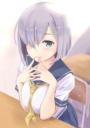 Rule 34 | 10s, 1girl, blue eyes, blush, breasts, hair ornament, hair over one eye, hairclip, hamakaze (kancolle), kantai collection, large breasts, looking at viewer, personification, school uniform, serafuku, short hair, silver hair, solo, wa (genryusui)