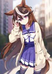 Rule 34 | 1girl, animal ears, black-framed eyewear, black thighhighs, blurry, blurry background, bow, brown hair, brown jacket, closed mouth, day, depth of field, frilled skirt, frills, glasses, hair between eyes, hand up, head tilt, horse ears, horse girl, horse tail, jacket, long sleeves, looking at viewer, mauve, multicolored hair, open clothes, open jacket, outdoors, pleated skirt, purple eyes, purple shirt, purple skirt, school uniform, shirt, skirt, sleeves past wrists, smile, solo, streaked hair, symboli rudolf (umamusume), tail, thighhighs, tracen school uniform, two-tone hair, umamusume, white bow, white hair
