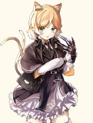 Rule 34 | 1girl, animal ears, arknights, bag, black necktie, blonde hair, cat ears, cat tail, claws, collared shirt, handbag, mousse (arknights), necktie, satanfang, shirt, skirt, solo, tail, twintails, yellow eyes