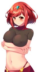 Rule 34 | 1girl, blush, breast hold, breasts, collarbone, covered erect nipples, fishnets, highres, large breasts, looking at viewer, navel, nodoka yui, pyra (xenoblade), red eyes, red hair, see-through, short hair, short shorts, shorts, smile, solo, tareme, tiara, transparent background, turtleneck, upper body, xenoblade chronicles (series), xenoblade chronicles 2