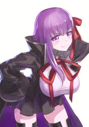 Rule 34 | &gt;:), 10s, 1girl, absurdres, bb (fate), bb (fate/extra), bent over, black jacket, black skirt, black thighhighs, breasts, closed mouth, collared shirt, cowboy shot, emoshon, eyelashes, fate/extra, fate/extra ccc, fate/grand order, fate (series), hair between eyes, hair ribbon, hands on own hips, high-waist skirt, highres, jacket, large breasts, leaning forward, legs apart, lips, long hair, long sleeves, looking at viewer, miniskirt, open clothes, open jacket, pleated skirt, popped collar, red ribbon, ribbon, shirt, simple background, skirt, smile, solo, standing, straight hair, thighhighs, v-shaped eyebrows, white background, white shirt, wide sleeves, zettai ryouiki