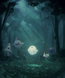 Rule 34 | absurdres, copy ability, creature, fangs, flying, forest, ghost, ghost kirby, ghost knight (kirby), gooey (kirby), grass, highres, jumper shoot, kirby, kirby (series), kirby and the forgotten land, lance, monster, moonlight, nature, night, night sky, nintendo, one-eyed, polearm, robe, shield, sky, spookstep, suyasuyabi, tedhaun, tedhaun jr., tongue, tongue out, umbrella, weapon