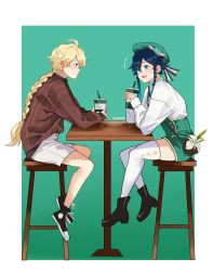 Rule 34 | 2boys, absurdres, aether (genshin impact), ahoge, alternate legwear, androgynous, argyle, argyle clothes, argyle legwear, bag, black hair, blonde hair, blue eyes, blue hair, braid, cape, casual, chair, cup, earrings, flower, genshin impact, gradient hair, green headwear, hair between eyes, handbag, hat, high chair, highres, holding, holding cup, jewelry, long hair, long sleeves, looking at another, male focus, multicolored hair, multiple boys, open mouth, ring, shoes, shorts, smile, sushisalmon95, table, thighhighs, thighs, twin braids, venti (genshin impact), white thighhighs, yellow eyes