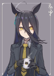 Rule 34 | ahoge, animal ears, black gloves, black hair, black jacket, black shirt, choker, closed mouth, collared shirt, cup, don3, earrings, framed, gloves, grey background, hair between eyes, holding, holding cup, horse ears, jacket, jewelry, long hair, manhattan cafe (umamusume), multicolored hair, necktie, shirt, simple background, single earring, smile, solo, streaked hair, umamusume, upper body, yellow eyes, yellow necktie