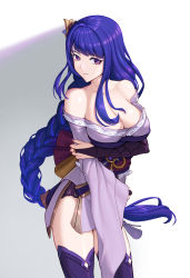 Rule 34 | 1girl, arm under breasts, bare shoulders, black gloves, bowlp, breasts, bridal gauntlets, cleavage, collarbone, commentary request, cowboy shot, genshin impact, gloves, highres, japanese clothes, kimono, large breasts, long braid, long hair, looking at viewer, nail polish, off shoulder, purple eyes, purple hair, purple kimono, purple nails, purple thighhighs, raiden shogun, solo, standing, thighhighs, thighs, very long hair
