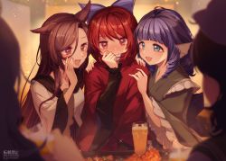 Rule 34 | 5girls, alcohol, animal ears, banned artist, beer, blue hair, blunt bangs, blurry, blurry background, blurry foreground, bow, brown hair, cape, commentary, depth of field, dress, drill hair, efxc, fins, frills, grass root youkai network, green kimono, hair bow, head fins, imaizumi kagerou, japanese clothes, jewelry, kimono, long hair, long sleeves, mermaid, monster girl, multiple girls, red hair, sash, sekibanki, short hair, touhou, wakasagihime, wide sleeves, wolf ears