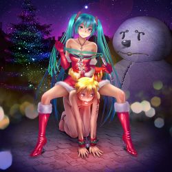 Rule 34 | 1boy, 1girl, all fours, anal beads, aneros, antlers, aqua eyes, aqua hair, ball gag, bare shoulders, bdsm, blonde hair, blush, body writing, bondage, boots, bound, breasts, butt plug, candle, chain, chain leash, christmas, christmas tree, city, cleavage, clothed female nude male, collarbone, corset, elbow gloves, femdom, fingernails, flogger, gag, gagged, gloves, hair ornament, hatsune miku, hetero, high heel boots, high heels, highres, horns, jewelry, kagamine len, key, leash, lock, long hair, looking at viewer, medium breasts, nail polish, naughty face, necklace, nude, number tattoo, padlock, pet play, prostate massager, red gloves, riding, santa costume, sex toy, shoes, short hair, shoulder tattoo, sitting, sitting on person, skirt, sky, smirk, snowman, spread legs, star (sky), star (symbol), starry sky, tattoo, thigh boots, thighhighs, translated, tree, twintails, very long hair, vocaloid, when you see it, whip, wokada, yellow nails