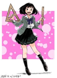 Rule 34 | 1girl, black footwear, black hair, black skirt, black socks, bow, bowtie, brown eyes, dated, full body, grey jacket, hari tabo42, holding ruler, jacket, loafers, open clothes, open jacket, open mouth, original, pink background, pleated skirt, purple bow, purple bowtie, school uniform, shirt, shoes, short hair, signature, skirt, socks, solo, teeth, upper teeth only, white shirt