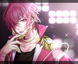 Rule 34 | 1boy, black shirt, dear vocalist, earrings, epaulettes, gloves, grey eyes, heart, idol, idol clothes, jacket, jewelry, long sleeves, looking at viewer, male focus, multiple earrings, murashige-lu, pink hair, pink jacket, re-o-do, shirt, short hair, solo, tongue, tongue out, white gloves