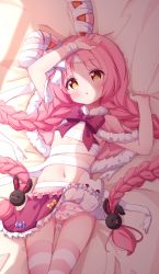 Rule 34 | &gt; &lt;, 1girl, :o, animal ears, arm up, bandaged arm, bandaged ear, bandages, bed sheet, blush, braid, brown eyes, capelet, clothes lift, frilled skirt, frills, fur-trimmed capelet, fur trim, hair ornament, hand up, highres, kemonomimi mode, long hair, lying, mimi (halloween) (princess connect!), mimi (princess connect!), navel, nose blush, on back, panties, parted bangs, parted lips, pink capelet, pink hair, princess connect!, rabbit ears, rabbit hair ornament, red skirt, setmen, sheet grab, skirt, skirt lift, solo, striped clothes, striped panties, striped thighhighs, thighhighs, twin braids, twintails, underwear, very long hair