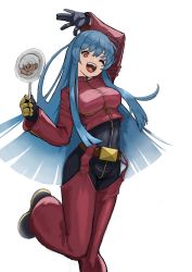 Rule 34 | 1girl, arm up, belt, black footwear, black gloves, blue hair, bodysuit, bodysuit under clothes, breasts, candy, cropped jacket, flasso, food, gloves, highres, k&#039; (kof), kula diamond, lollipop, long hair, long sleeves, looking at viewer, medium breasts, one eye closed, open mouth, pants, purple pants, red eyes, shoes, sidelocks, simple background, smile, solo, standing, standing on one leg, the king of fighters, white background