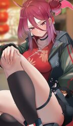 Rule 34 | 1girl, ahoge, black choker, black jacket, black socks, blue archive, blurry, blurry background, breasts, cafenami, china dress, chinese clothes, choker, closed mouth, dress, ear piercing, feet out of frame, fingernails, hair between eyes, hair bun, halo, highres, jacket, kneehighs, large breasts, long hair, long sleeves, mole, mole under eye, open clothes, open jacket, piercing, red dress, red eyes, red hair, red halo, reijo (blue archive), single side bun, socks, solo