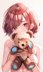 Rule 34 | 1girl, absurdres, blue nails, blush, breasts, commentary request, completely nude, hanahashi bagara, head tilt, highres, higuchi madoka, holding, holding stuffed toy, idolmaster, idolmaster shiny colors, jewelry, looking at viewer, medium breasts, mole, mole under eye, nail polish, nude, purple eyes, red hair, ring, short hair, sideboob, solo, stuffed animal, stuffed toy, swept bangs, teddy bear, upper body