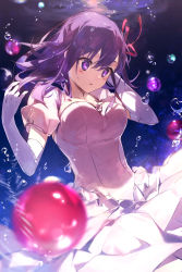Rule 34 | 1girl, absurdres, blush, breasts, commentary, dress, elbow gloves, fate/stay night, fate (series), gloves, hands up, highres, large breasts, matou sakura, medium hair, official alternate costume, open mouth, puffy short sleeves, puffy sleeves, purple eyes, purple hair, shigure (shigure 43), short sleeves, solo, underwater, white dress, white gloves