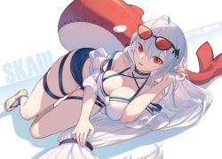 Rule 34 | 1girl, ahoge, arknights, bare legs, bare shoulders, bikini, black choker, breasts, character name, chinese commentary, choker, cleavage, collarbone, commentary request, eyewear on head, hair between eyes, hair ornament, hand in own hair, hand up, highres, large breasts, long hair, looking at viewer, low-tied long hair, lying, nian (zhanian), no headwear, off-shoulder shirt, off shoulder, official alternate costume, on side, parted lips, red eyes, sandals, shirt, short sleeves, silver hair, skadi (arknights), skadi (waverider) (arknights), solo, strap slip, sunglasses, swimsuit, thigh strap, thighs, tinted eyewear, very long hair, whale hair ornament, white shirt