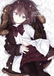 Rule 34 | 1girl, artist name, black pantyhose, bow, breath, brown bow, brown coat, brown hair, brown skirt, capriccio, coat, collared shirt, commentary request, dress shirt, dutch angle, fingernails, fur-trimmed coat, fur-trimmed hood, fur trim, grey eyes, hair between eyes, head tilt, hood, hood up, hooded coat, layered skirt, long sleeves, looking at viewer, lying, on back, open clothes, open coat, original, pantyhose, parted lips, pleated skirt, shirt, skirt, sleeves past wrists, snow, snowing, solo, white shirt