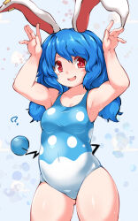 Rule 34 | 1girl, ?, animal ears, arms up, azumarill, azumarill (cosplay), blue hair, blush, bubble background, cosplay, ear ornament, gen 2 pokemon, highres, huyusilver, looking at viewer, medium hair, open hands, open mouth, rabbit ears, red eyes, seiran (touhou), solo, sweat, swimsuit, tail, touhou