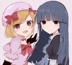 Rule 34 | 2girls, :d, black gloves, blonde hair, blue bow, blue bowtie, blue hair, blunt bangs, bow, bowtie, brown hair, commentary, elbow gloves, english commentary, fang, frederica bernkastel, gloves, hair bow, hat, highres, jewelry, lambdadelta, long hair, looking at viewer, multiple girls, necklace, open mouth, pearl necklace, pink headwear, puffy short sleeves, puffy sleeves, purple eyes, red bow, se 2dr, short hair, short sleeves, smile, umineko no naku koro ni