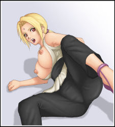 Rule 34 | 1girl, arm support, blonde hair, breasts, facial mark, female focus, forehead mark, lipstick, lying, makeup, naruto, naruto (series), nipples, on side, open clothes, open mouth, open shirt, red eyes, shadow, shirt, solo, spread legs, thor (deep rising), tsunade (naruto)