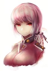 Rule 34 | 1girl, absurdres, black ribbon, braid, breasts, closed mouth, cropped torso, fate/grand order, fate (series), florence nightingale (fate), hair ribbon, highres, hometa, large breasts, looking at viewer, pink hair, portrait, red eyes, ribbon, simple background, smile, solo, uniform, white background
