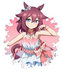 Rule 34 | 1girl, absurdres, animal ears, bare shoulders, blue eyes, blush, bow, breasts, brown hair, closed mouth, dress, gloves, hair between eyes, hand up, highres, horse ears, horse girl, horse tail, jewelry, looking at viewer, medium hair, necklace, pink bow, pink gloves, sakura chiyono o (fleur enneigee) (umamusume), sakura chiyono o (umamusume), sha (siasha0104), sleeveless, sleeveless dress, small breasts, smile, solo, tail, umamusume, upper body