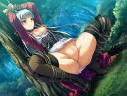 Rule 34 | 1girl, angry, arms up, ass, bdsm, bondage, bound, breasts, breasts out, censored, clenched teeth, darklord (game), forest, game cg, grey hair, legs, long hair, looking away, natsuhiko, nature, nipples, no panties, pussy, rope, small breasts, sofina, solo, squatting, sweat, teeth, thighs, tree