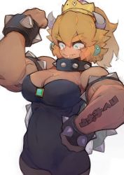 Rule 34 | 1girl, black dress, blonde hair, bowsette, bracelet, clenched hands, collar, dress, earrings, fang, flexing, hand on own hip, highres, horns, jewelry, mario (series), muscular, muscular female, new super mario bros. u deluxe, nintendo, ponytail, sidelocks, simple background, spiked bracelet, spiked collar, spikes, super crown, tearing up, thick eyebrows, transformation, umezawa michiko, white background