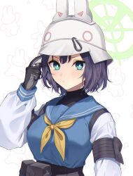 Rule 34 | 1girl, black gloves, blue archive, blue eyes, blue sailor collar, blush, breasts, closed mouth, gawa1517025, gloves, halo, helmet, highres, large breasts, long sleeves, looking at viewer, neckerchief, pouch, purple hair, sailor collar, saki (blue archive), school uniform, serafuku, short hair, simple background, solo, upper body, yellow neckerchief