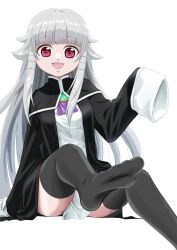 Rule 34 | 1girl, absurdres, anri haynesworth, arm support, black robe, black thighhighs, child, dress, feet, female focus, hand up, happy, highres, leg up, long hair, open mouth, red eyes, robe, sidelocks, simple background, sitting, sleeves past fingers, sleeves past wrists, smile, solo, thighhighs, two-tone robe, white background, white dress, white hair, white robe, wide sleeves, yuusha ga shinda!