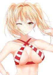 Rule 34 | 1girl, ;), bad id, bad pixiv id, blonde hair, breasts, earrings, fate/grand order, fate (series), green eyes, hair intakes, highres, jewelry, junpaku karen, long hair, looking at viewer, medium breasts, nero claudius (fate), nero claudius (fate) (all), nero claudius (swimsuit caster) (fate), one eye closed, simple background, smile, solo, twintails, upper body, white background