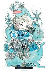 Rule 34 | 1girl, artist name, blue eyes, covering own mouth, cowboy shot, cropped legs, floating, looking at viewer, maruti bitamin, mask, mouth mask, original, scarf, short hair, simple background, snow, snowflake print, snowflakes, snowing, surgical mask, tongue, tongue out, white background, white hair