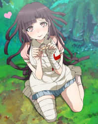 Rule 34 | 1girl, apron, bandaged arm, bandaged leg, bandages, blurry, blurry background, breasts, danganronpa (series), danganronpa 2: goodbye despair, dosugon, from above, heart, holding bandaid, large breasts, long hair, looking at viewer, miniskirt, outdoors, pink shirt, pleated skirt, puffy short sleeves, puffy sleeves, shirt, shoes, short sleeves, skirt, solo, tsumiki mikan, white apron