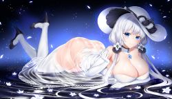 Rule 34 | 1girl, absurdres, ass, azur lane, bare shoulders, blue background, blue eyes, breasts, cleavage, collarbone, colored eyelashes, commentary, curvy, dress, elbow gloves, gloves, hat, high heels, highres, huge breasts, ia (ias1010), illustrious (azur lane), lace-trimmed headwear, lace trim, long hair, looking at viewer, lying, no panties, on stomach, see-through, silver hair, skindentation, smile, solo, star (symbol), starry background, strapless, strapless dress, sun hat, thick thighs, thighhighs, thighs, white dress, white gloves, white hat, white thighhighs