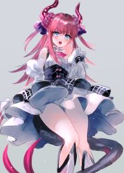 Rule 34 | 10s, 1girl, ahma, armor, armored boots, bare shoulders, black dress, blue eyes, blush, boots, commentary request, curled horns, detached sleeves, dragon girl, dragon horns, dragon tail, dress, elizabeth bathory (fate), elizabeth bathory (fate/extra ccc), elizabeth bathory (second ascension) (fate), fate/extra, fate/extra ccc, fate (series), grey background, hair ribbon, hand on own chest, highres, horns, knee boots, long sleeves, looking at viewer, looking down, open mouth, pink hair, pointy ears, purple ribbon, ribbon, shirt, sidelocks, simple background, sleeveless, sleeveless shirt, solo, tail, teeth, two side up, upper teeth only, white shirt