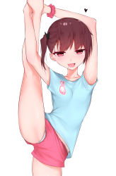 Rule 34 | 1girl, :d, bad id, bad pixiv id, blue shirt, blush, breasts, brown hair, commentary request, fang, heart, highres, kanju, long hair, mole, mole under eye, open mouth, original, panties, panties under shorts, pink shorts, red eyes, red scrunchie, scrunchie, shirt, short shorts, short sleeves, shorts, side ponytail, simple background, small breasts, smile, solo, split, standing, standing on one leg, standing split, underwear, upshorts, white background, white panties, wrist scrunchie
