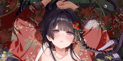 1girl black_hair blush close-up collarbone copyright_notice floral_print floral_print_kimono flower hair_flower hair_ornament japanese_clothes kimono long_hair lying on_back original piyopoyo purple_eyes red_flower red_kimono sweat tatami