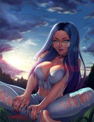 Rule 34 | 1girl, bare shoulders, barefoot, blue eyes, blue hair, breasts, choker, cleavage, cloud, cloudy sky, commission, denim, face, feet, fingernails, glasses, highres, indian style, jeans, jewelry, large breasts, lips, long fingernails, long hair, looking at viewer, midriff, nail polish, nikichen, no bra, pants, piercing, ring, sitting, sky, smile, soles, solo, sunset, thighs, torn clothes, torn jeans, torn pants