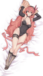 Rule 34 | 1girl, absurdres, akame ga kill!, alternate costume, bed sheet, belt, belt buckle, black choker, black headphones, black socks, black leotard, black sleeves, breasts, breasts apart, brown hair, buckle, butterfly hair ornament, candy, checkered pillow, chelsea (akame ga kill!), choker, covered navel, cross-laced clothes, detached sleeves, food, from above, full body, grin, hair between eyes, hair ornament, head on pillow, highleg, highleg leotard, highres, kneehighs, leotard, lollipop, long hair, looking at viewer, lying, medium breasts, mouth hold, hugging object, on back, parted lips, pillow, pillow hug, red eyes, ribbon, smile, socks, solo, thigh belt, thigh strap, user wcpu2854