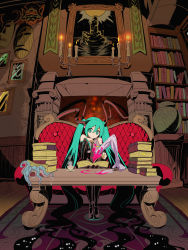 Rule 34 | 1girl, aqua eyes, aqua hair, blood, book, book stack, bookshelf, candle, couch, cthulhu mythos, cup, detached sleeves, fireplace, hatsune miku, highres, indoors, knife, long hair, mask, maxgonta, necktie, necronomicon, octopus, picture frame, red upholstery, rug, shelf, sitting, solo, table, tea, tentacles, the picture in the house, twintails, very long hair, vocaloid, wall mask