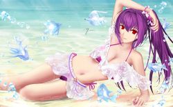 Rule 34 | 1girl, bare shoulders, beach, bikini, bracelet, breasts, cleavage, collarbone, fate/grand order, fate (series), fish, flower, hair between eyes, hair flower, hair ornament, highres, jewelry, large breasts, long hair, looking at viewer, microskirt, navel, purple bikini, purple hair, red eyes, scathach (fate), scathach skadi (fate), scathach skadi (swimsuit ruler) (fate), see-through, shore, skirt, smile, solo, surgeonfish, swimsuit, thighs, tropical fish, twintails, yipaint