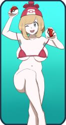 Rule 34 | 1girl, ;d, alternate breast size, bare arms, bare legs, bare shoulders, beanie, bikini, blonde hair, blue eyes, bob cut, bottomless, breasts, cleavage, collarbone, creatures (company), crossed legs, game freak, hat, holding, holding poke ball, large breasts, looking away, micro bikini, nakaba, navel, nintendo, one eye closed, open mouth, poke ball, poke ball (basic), poke ball theme, pokemon, pokemon sm, red bikini, red hat, selene (pokemon), short hair, sitting, smile, solo, strap slip, swimsuit, tongue, underboob