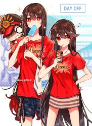 Rule 34 | 1boy, 2girls, :d, black headwear, black shorts, blouse, brother and sister, brown hair, clothes writing, drinking, eating, fate/grand order, fate (series), food, food in mouth, hat, highres, long hair, looking at viewer, multiple girls, musical note, o o, oda nobukatsu (fate), oda nobunaga (fate), oda nobunaga (koha-ace), oda nobunaga (swimsuit berserker) (fate), oda nobunaga (swimsuit berserker) (first ascension) (fate), open mouth, peaked cap, popsicle, popsicle in mouth, red eyes, red shirt, shirt, short sleeves, shorts, siblings, skirt, smile, standing, star (symbol), striped clothes, striped skirt, twitter username, very long hair, yui (tamagohan)