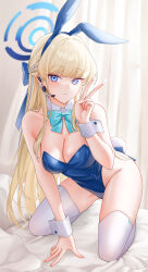 Rule 34 | 1girl, absurdres, animal ears, bare shoulders, bed sheet, blonde hair, blue archive, blue bow, blue eyes, blue hairband, blue leotard, bow, bowtie, braid, breasts, cleavage, detached collar, ear piercing, earpiece, fake animal ears, french braid, full body, gfpebs, hairband, halo, hand up, highleg, highleg leotard, highres, kneeling, leaning forward, leotard, long hair, medium breasts, microphone, multicolored hair, official alternate costume, official alternate hairstyle, piercing, pillow, playboy bunny, rabbit ears, rabbit tail, solo, streaked hair, tail, thighhighs, thighs, toki (blue archive), toki (bunny) (blue archive), v, very long hair, white thighhighs, wrist cuffs