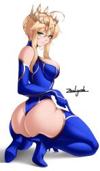 Rule 34 | 1girl, ahoge, aqua eyes, artist name, artoria pendragon (fate), ass, bare shoulders, blonde hair, blue leotard, boots, braid, breasts, crown, elbow gloves, fate/grand order, fate (series), french braid, gloves, green eyes, halterneck, high heel boots, high heels, highres, large breasts, leotard, long hair, looking at viewer, ponytail, sidelocks, solo, squatting, thigh boots, thighhighs, zealyush