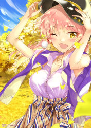 Rule 34 | 1girl, :d, autumn leaves, blush, breasts, commentary request, day, earrings, falling leaves, ginkgo leaf, hat, heart, heart necklace, highres, idolmaster, idolmaster cinderella girls, jewelry, jougasaki mika, large breasts, leaf, long hair, low twintails, miyabi akino, nail polish, necklace, one eye closed, open mouth, pink hair, pink nails, pom pom (clothes), pom pom earrings, shirt, skirt, sleeveless, sleeveless shirt, smile, solo, striped clothes, striped skirt, twintails, twitter username, vertical-striped clothes, vertical-striped skirt, yellow eyes