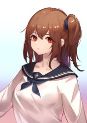 Rule 34 | 1girl, blue sailor collar, brown hair, closed mouth, collarbone, commentary request, faicha, grey scrunchie, hair between eyes, hair ornament, hair scrunchie, long hair, long sleeves, looking at viewer, original, red eyes, sailor collar, school uniform, scrunchie, serafuku, shirt, side ponytail, sidelocks, simple background, solo, upper body, white background, white shirt
