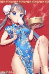 Rule 34 | 1girl, bamboo steamer, baozi, blue eyes, blush, breasts, china dress, chinese clothes, double bun, dress, food, food in mouth, groin, highres, kirisaki shuusei, leg up, looking at viewer, no panties, original, pelvic curtain, solo, steam, sweatdrop, twintails