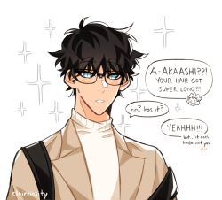 Rule 34 | !, !!, 2boys, ?, akaashi keiji, artist name, black hair, blue eyes, blush, bokuto koutarou, brown coat, character name, chibi, claireiosity, coat, couple, curly hair, english text, eyebrows, glasses, haikyuu!!, hair between eyes, hair up, highres, light blush, long sleeves, male focus, multiple boys, pale skin, parted lips, short hair, sleeves past elbows, solo focus, sparkle, speech bubble, spiked hair, sweater, teeth, turtleneck, turtleneck sweater, twitter username, watermark, white background, white sweater, yaoi