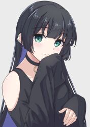 Rule 34 | 1girl, bare shoulders, black choker, black hair, black shirt, bocchi the rock!, chin piercing, choker, collarbone, colored inner hair, ear piercing, goth fashion, green eyes, highres, looking at viewer, multicolored hair, pa-san, piercing, purple hair, shirt, sleeves past fingers, sleeves past wrists, smile, solo, tomatology3