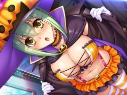 Rule 34 | aishuu hebiko, blush, breasts, choker, cleavage, curvy, game cg, gloves, green hair, halloween, halloween costume, hat, jack-o&#039;-lantern, jacket, kagami hirotaka, large breasts, lilith-soft, looking at viewer, looking up, midriff, nervous, official alternate costume, open mouth, pumpkin, revealing clothes, skirt, sweat, taimanin (series), taimanin rpgx, thighhighs, witch hat, yellow eyes